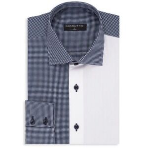 MASUTTO Angelo 05 Men's XL Dress Shirt Long Sleeve Black White Dots Block NEW